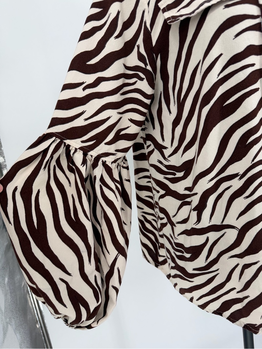 Women's Brown Zebra Print V-Neck Blouse with pockets and ties - Picture 4 of 10
